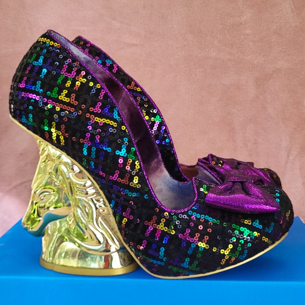 NWOB Irregular Choice Trixy Velvet Sequin Unicorn Heels Gold Size 41 / 10